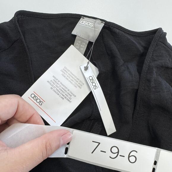 ASOS Blouse Womens 10 Black Tie Front Crop Top Long Bell Sleeve V Neck Wrap - Picture 4 of 7